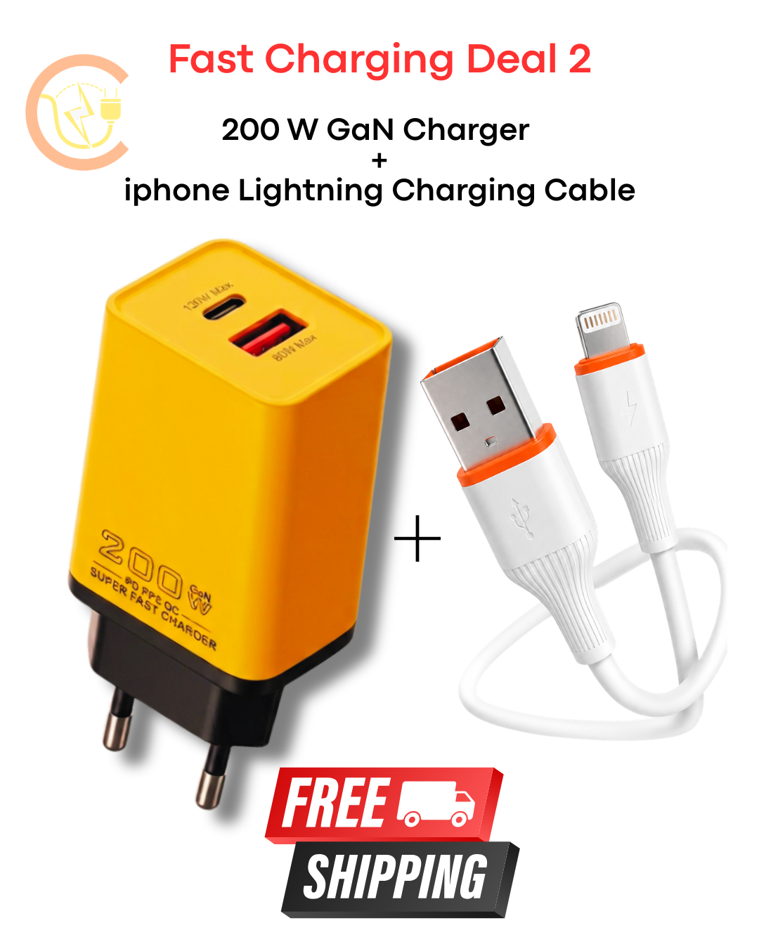 Chargentoo 200W GaN Dual Port Fast Charger + iPhone Lightning Charging Cable