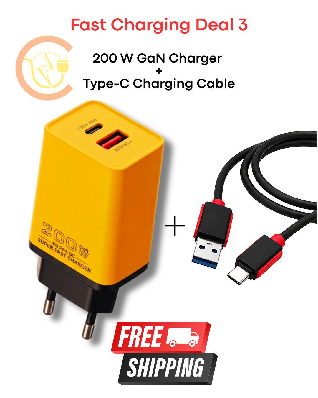 Chargentoo 200W GaN Dual Port Fast Charger + Type-C Fast Charging Cable
