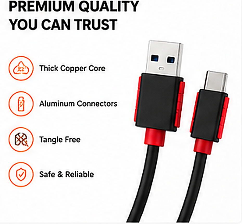 Chargentoo USB-A to USB-C Fast Charging Cable | 5A Super Charge & Data Sync